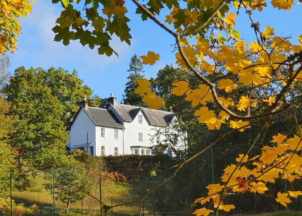 Een wit huis met een donker dak, omgeven door bomen en een hek.