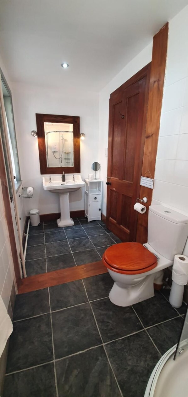 A bathroom with a toilet, sink, and mirror.