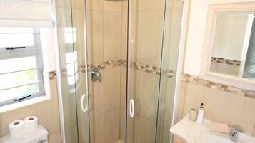 Un baño con ducha de vidrio, inodoro, lavamanos y espejo.