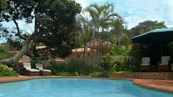 Alberca al aire libre y camastros