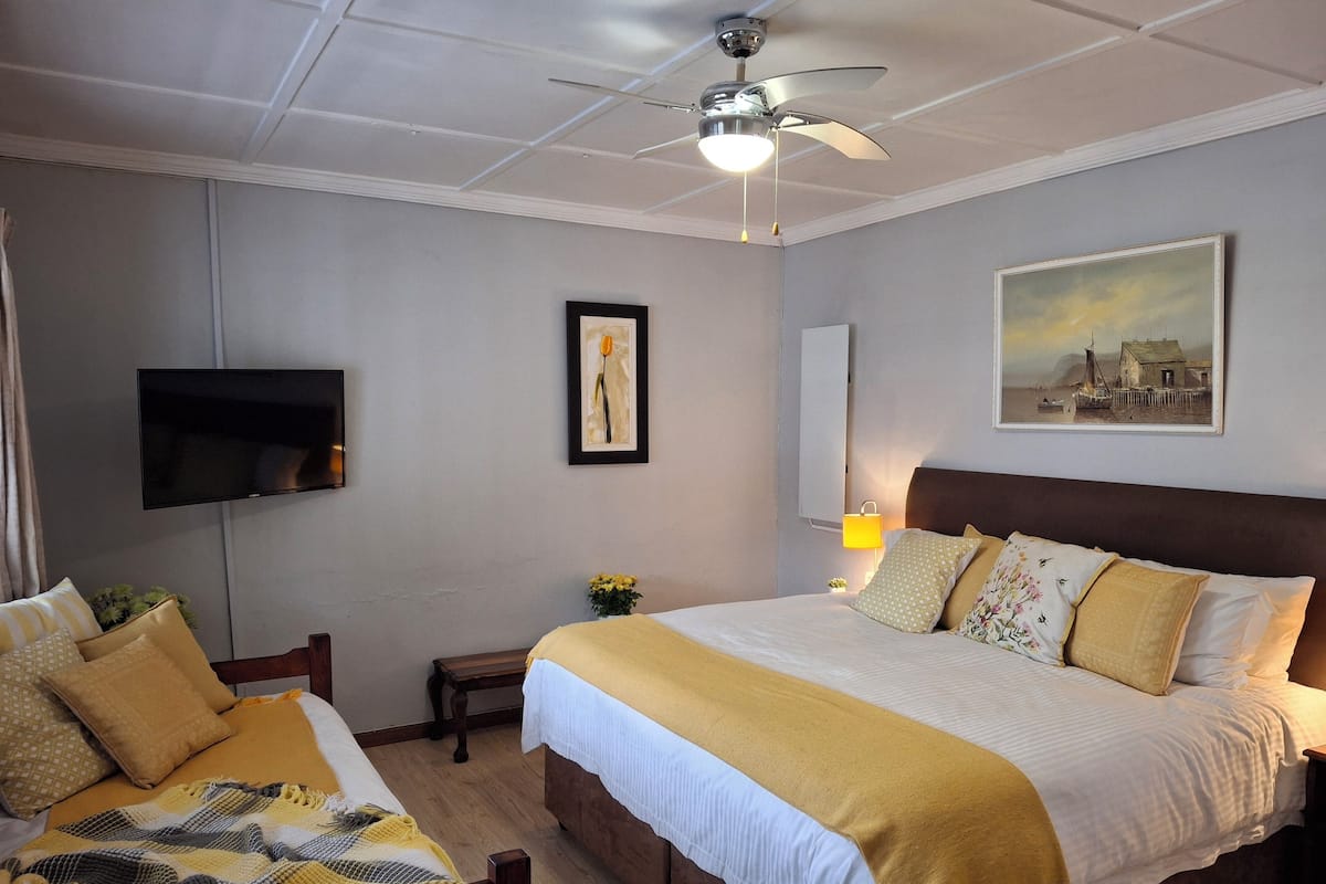 A bedroom with a bed, a TV, a ceiling fan, and artwork on the walls.