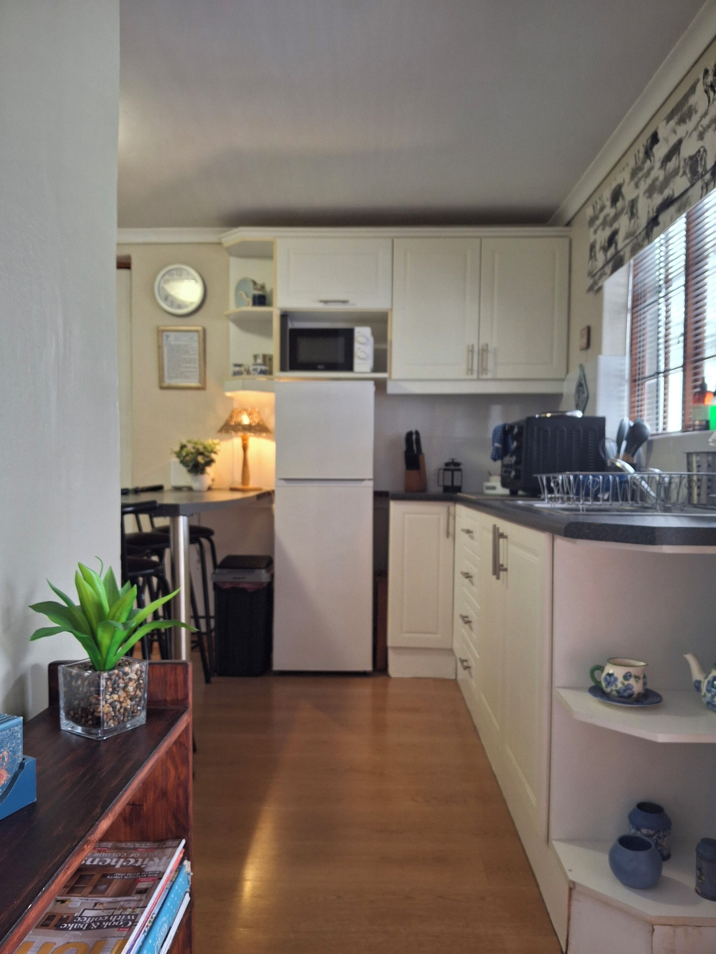 A compact kitchen with white cabinets, a microwave, and a refrigerator. There is a dining area with a chair and a table, and a potted plant on the counter.