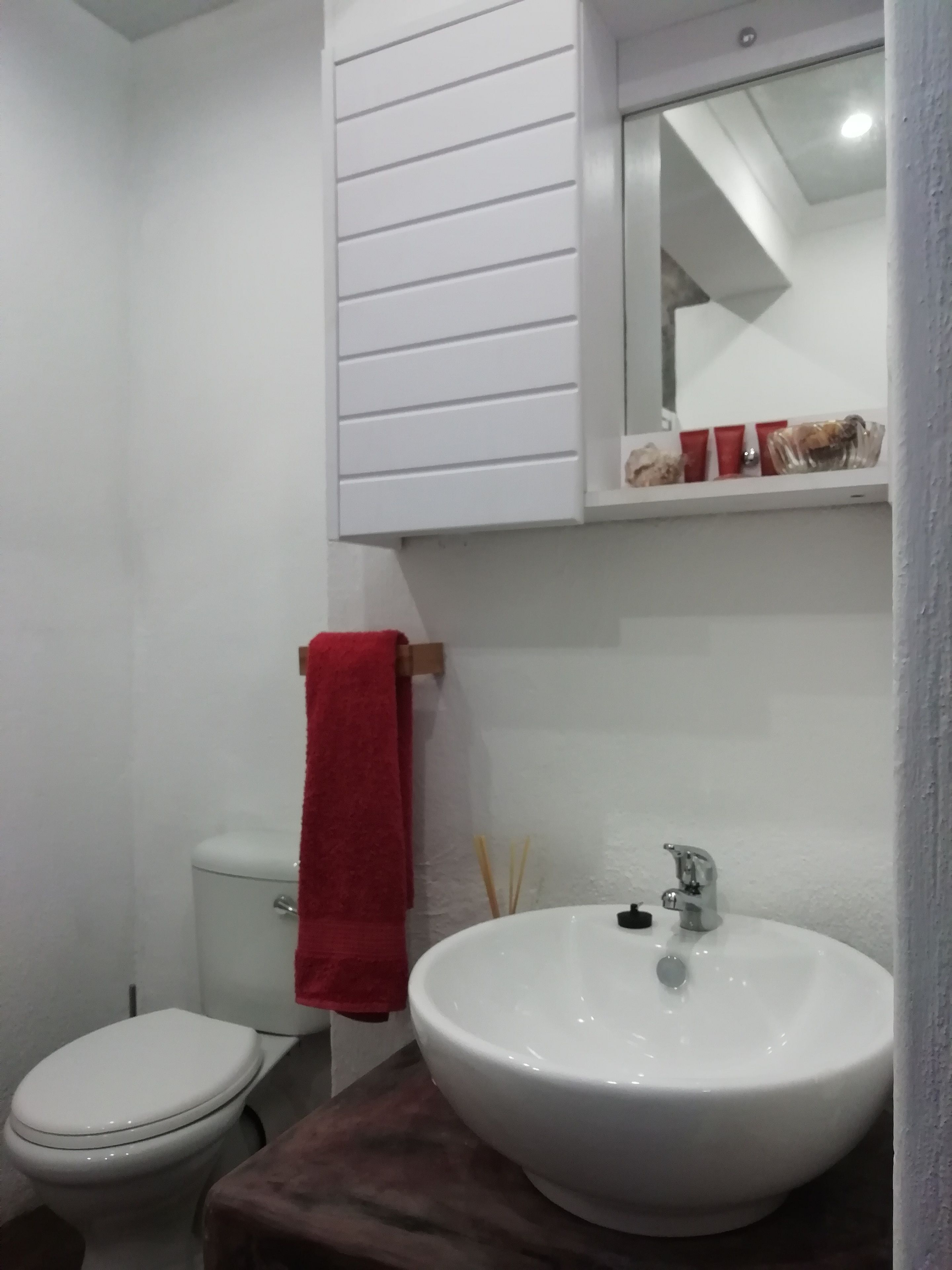 A small bathroom with a white toilet, a white sink with a mirror above it, and a red towel hanging on the wall.