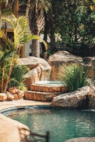 Outdoor pool, pool umbrellas, sun loungers