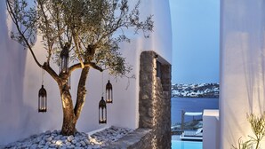 A tree with hanging lanterns in a white-walled area with a pool and a view of a snowy landscape. - Mykonos No5 (Mykonos)