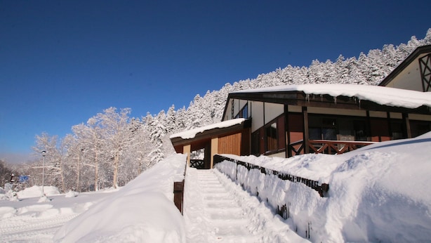 A snow-covered pathway leading to a building with a wooden deck and a glass facade. - Furano Shiyuirin (Kamifurano)
