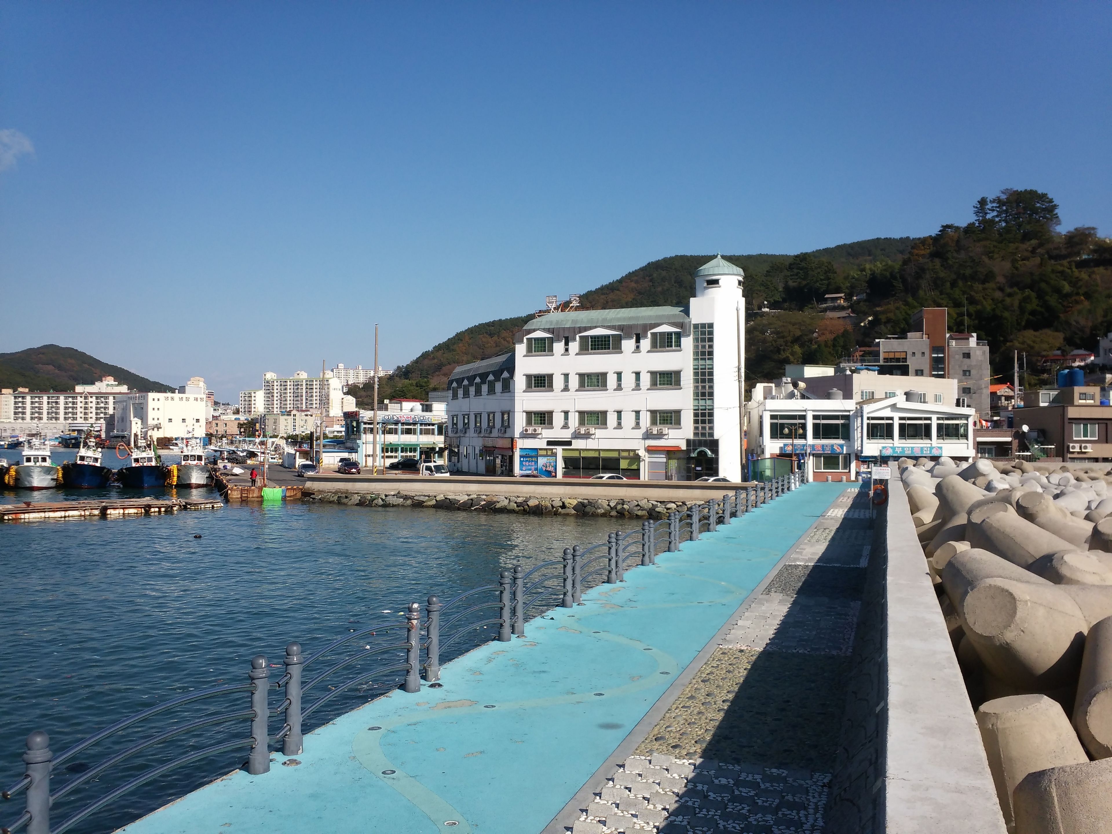 A waterfront promenade with a blue pathway, a white building with a tower, and boats docked in the background.