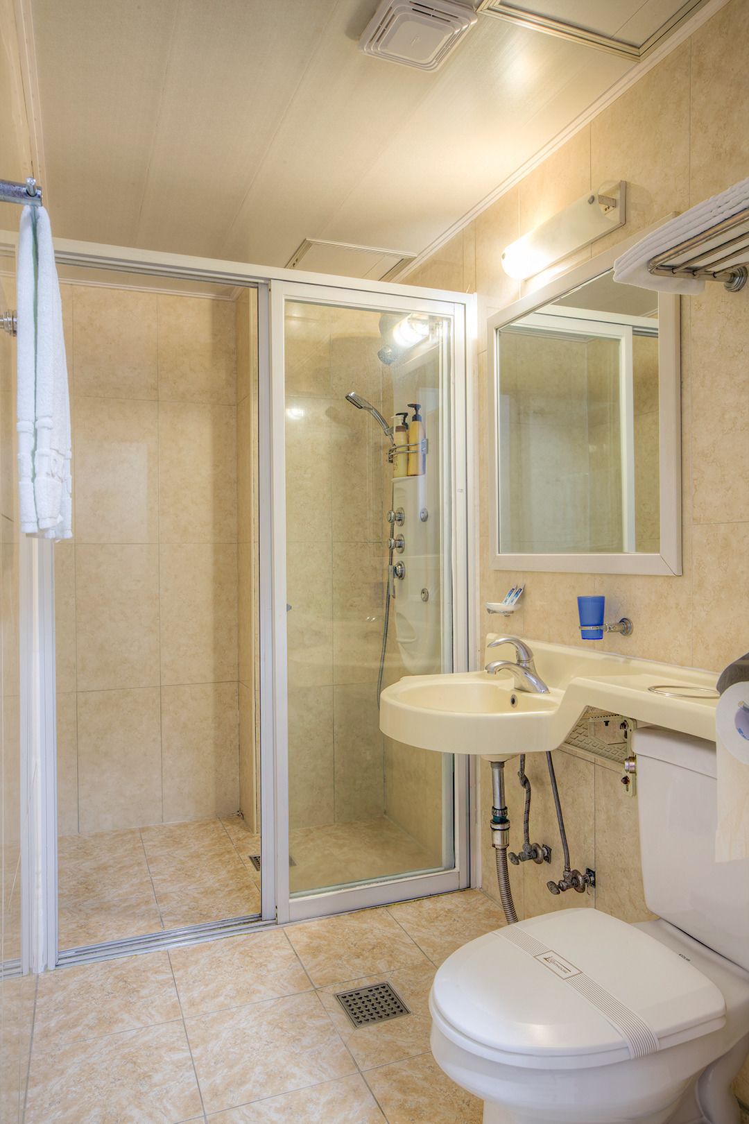 shower, free toiletries, towels