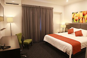 Premium bedding, desk, blackout drapes, iron/ironing board