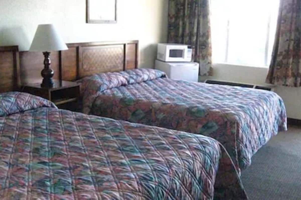 Habitación de hotel con dos camas, una mesita de noche, una lámpara, un microondas y una ventana con cortinas.