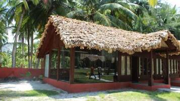A thatched-roof structure with glass walls, surrounded by palm trees.