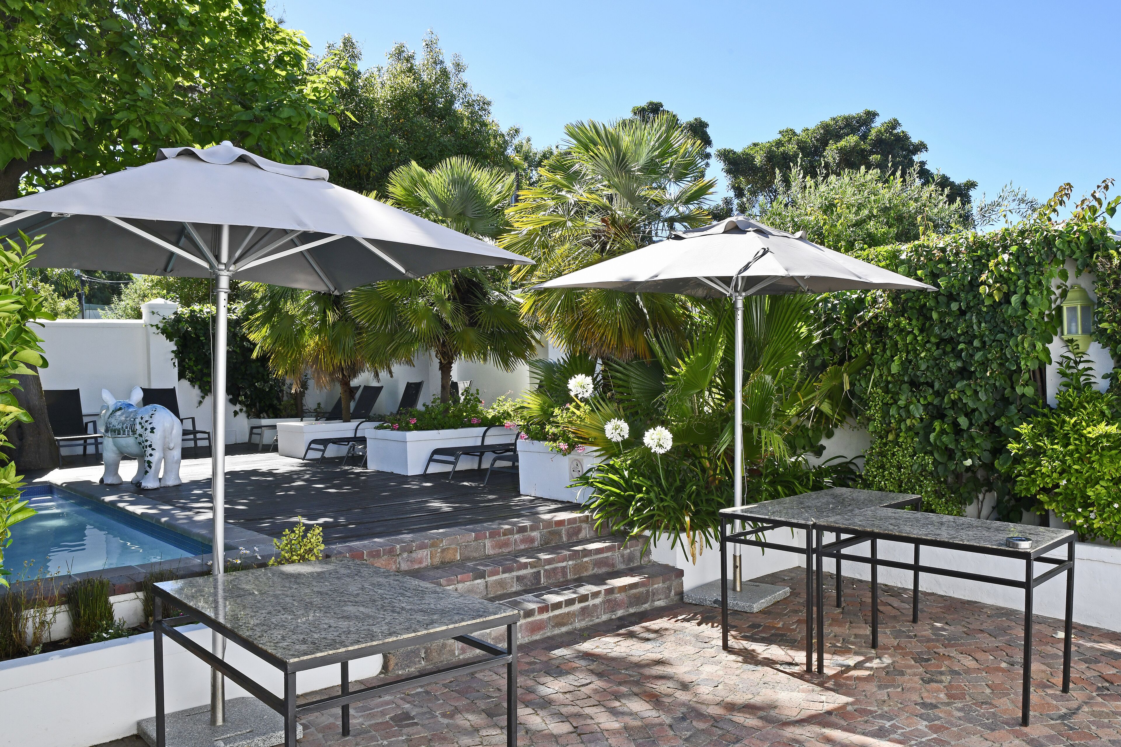 Piscine extérieure, chaises longues