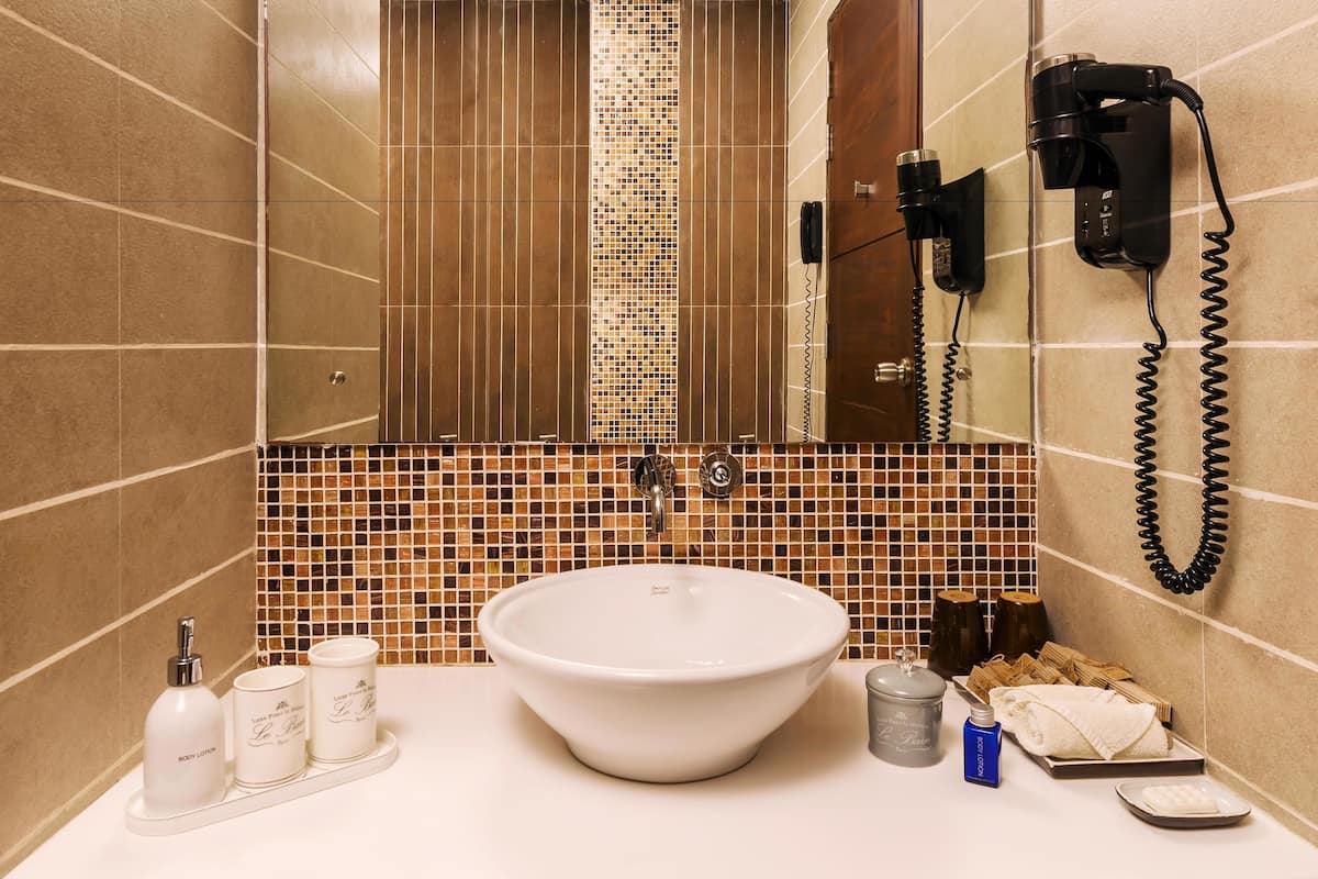 deluxe room | bathroom | shower, free toiletries, hair dryer, bathrobes
