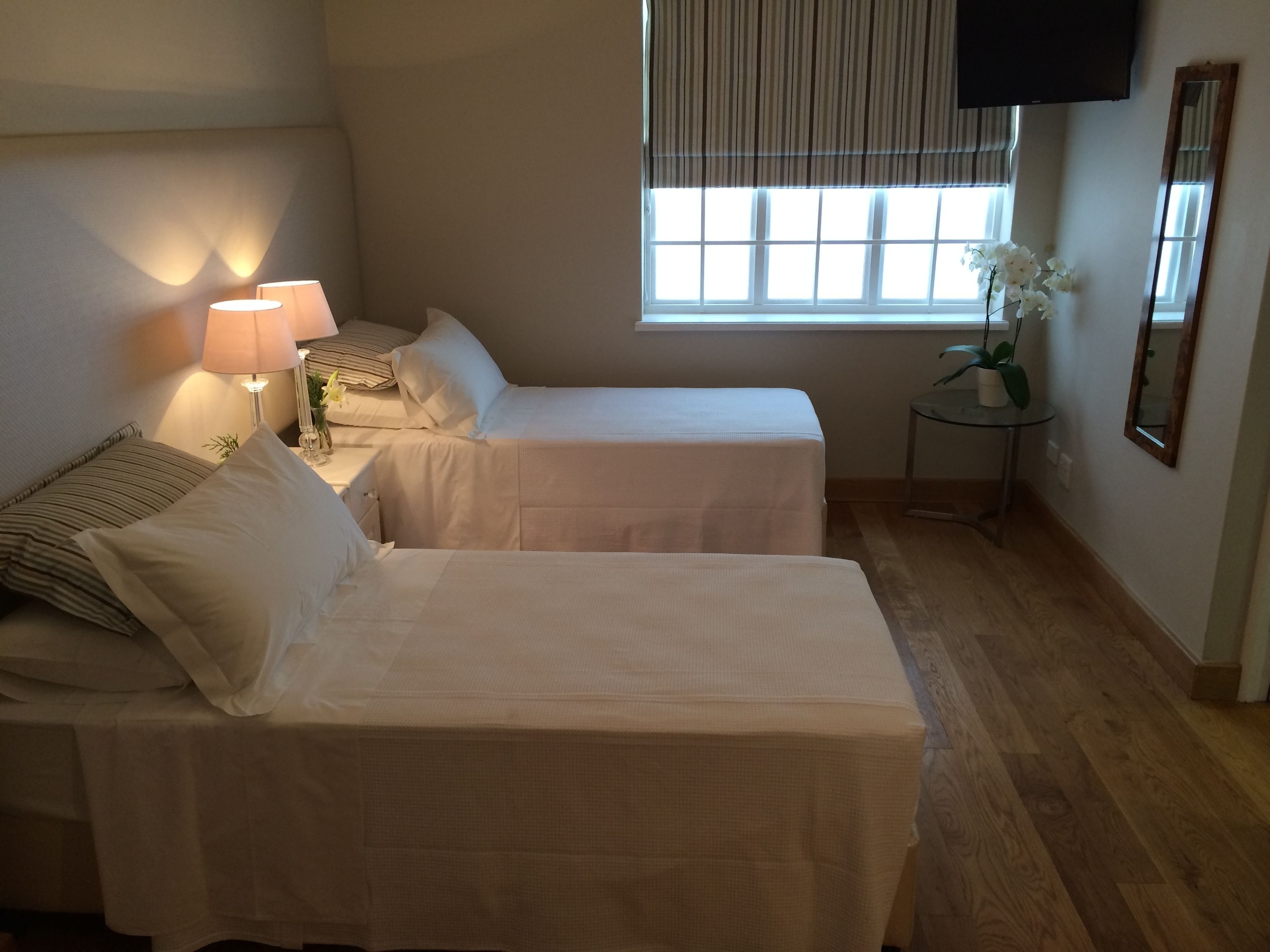 Une chambre d’hôtel avec deux lits, une table de chevet avec une lampe, une fenêtre avec des stores, une petite table avec une plante et un miroir au mur.