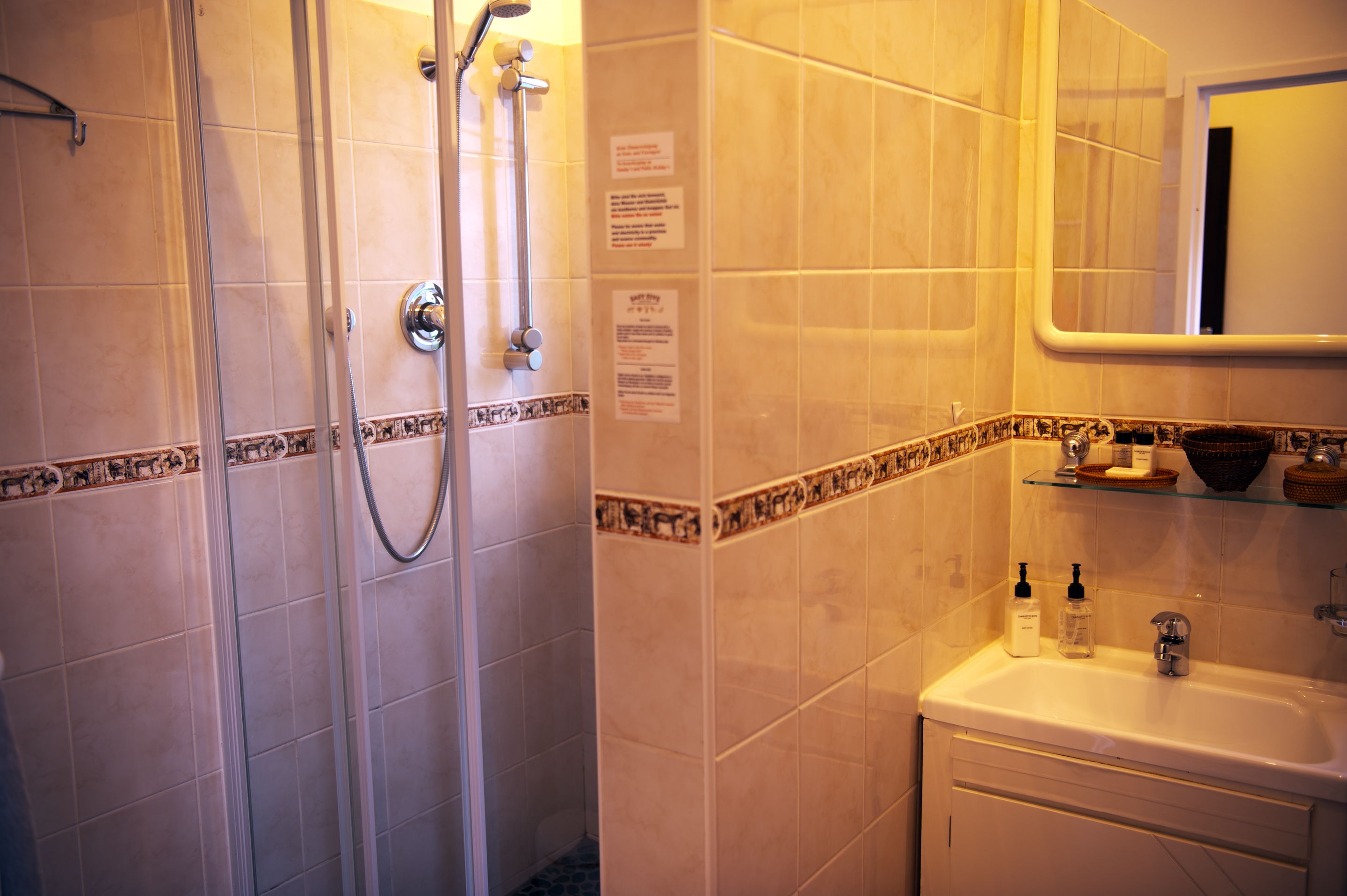 A bathroom with a shower, sink, and mirror.