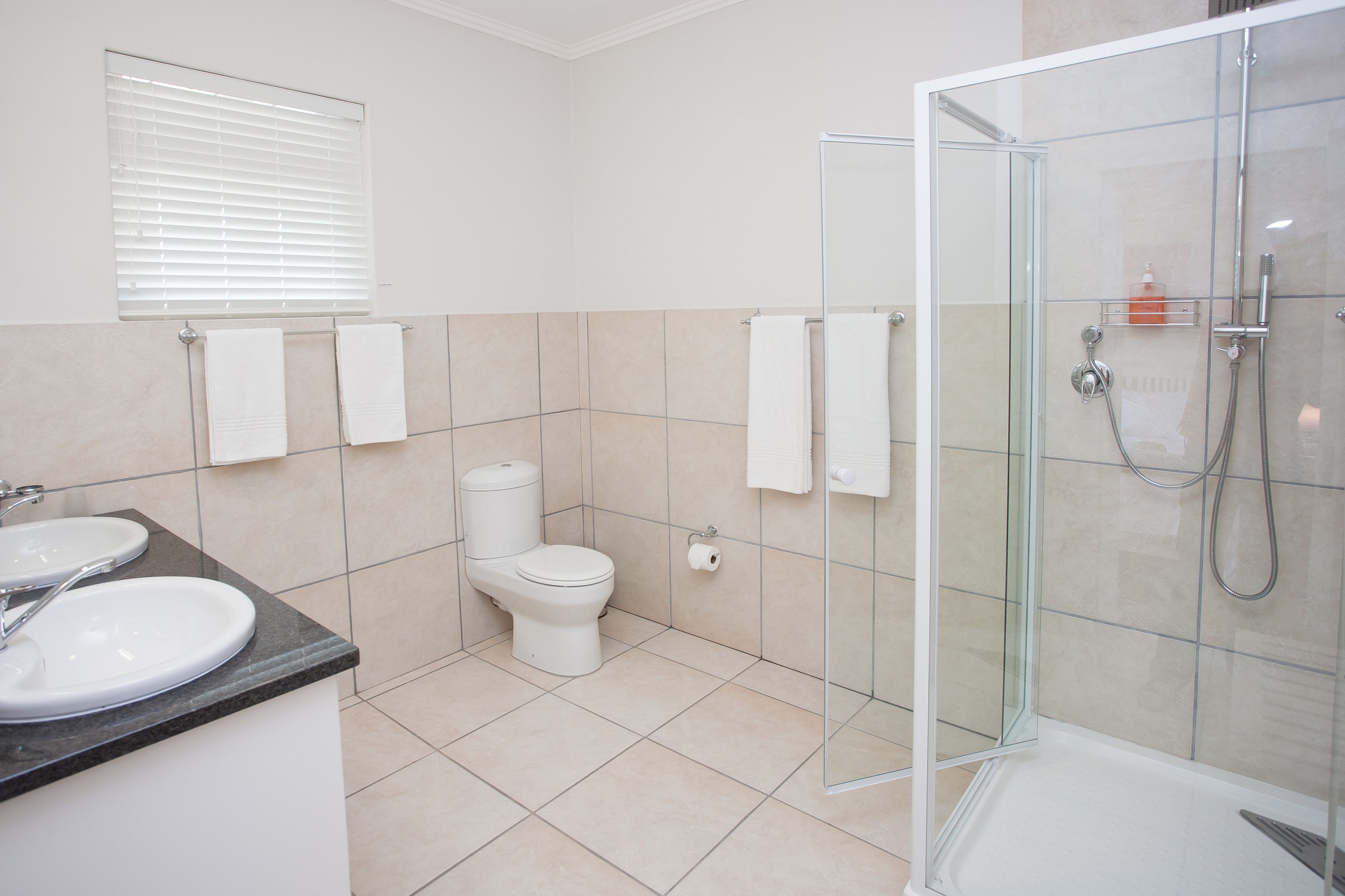 A modern bathroom with two sinks, a toilet, and a glass-enclosed shower.