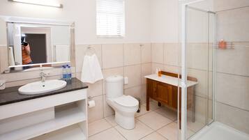 Une salle de bain moderne équipée d’un lavabo, de toilettes et d’une douche.