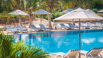 Outdoor pool, pool umbrellas, sun loungers