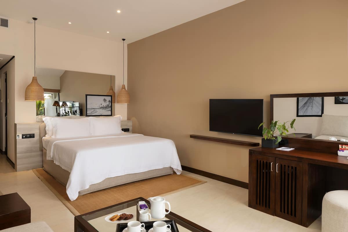 A hotel room with a bed, a TV, a desk with a plant, and a tray with breakfast items.