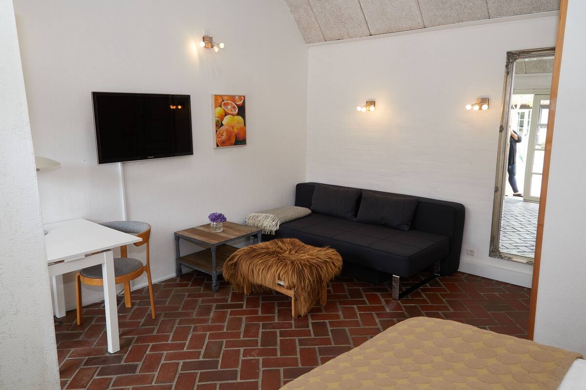 A compact living space with a sofa, a small table with a vase, a television mounted on the wall, and a brick-patterned floor.