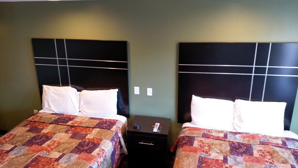 Two double beds with headboards, a small bedside table with a lamp, and a wall-mounted light switch.