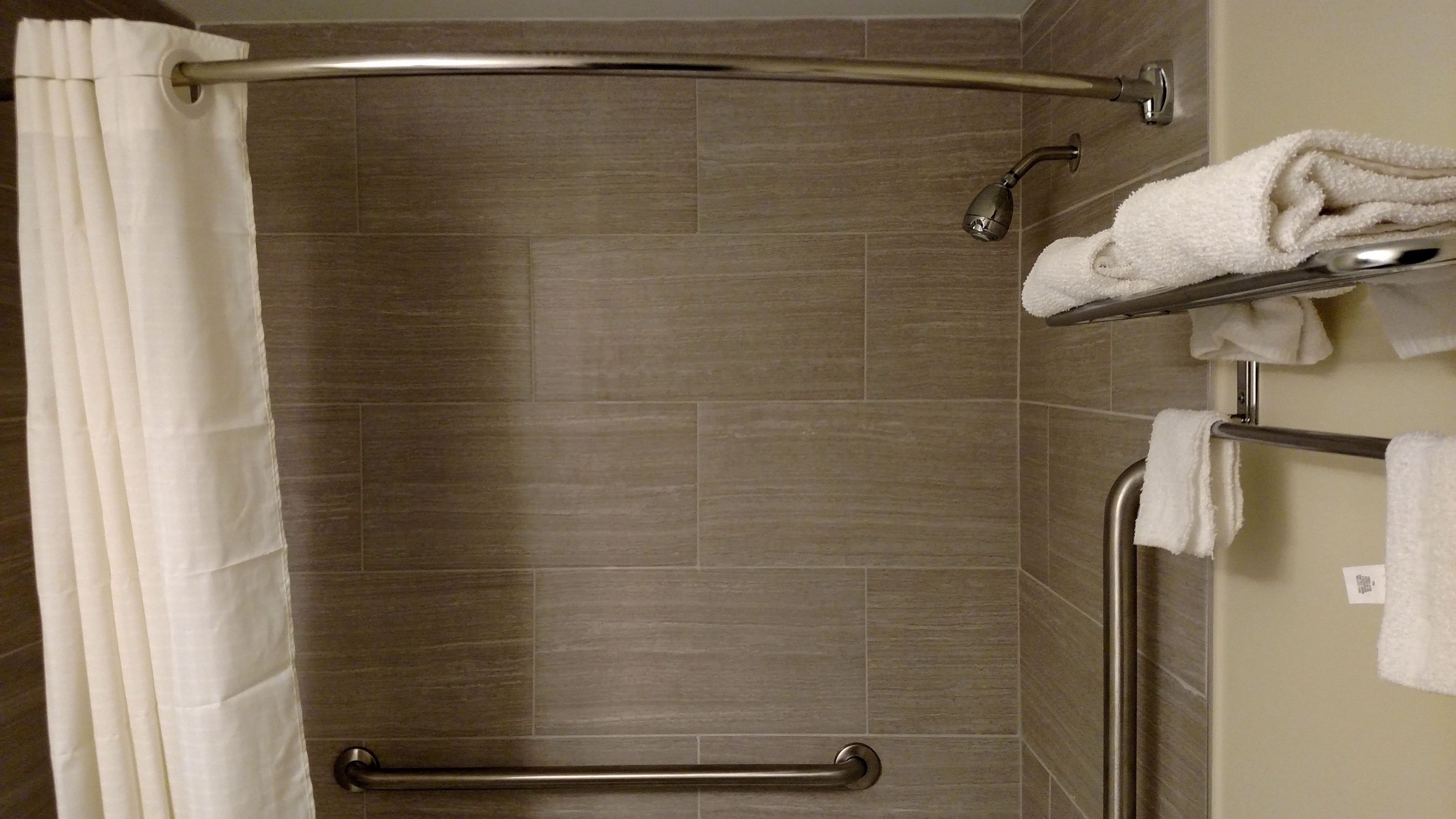 A shower area with a grab bar, a towel rack, and a showerhead.