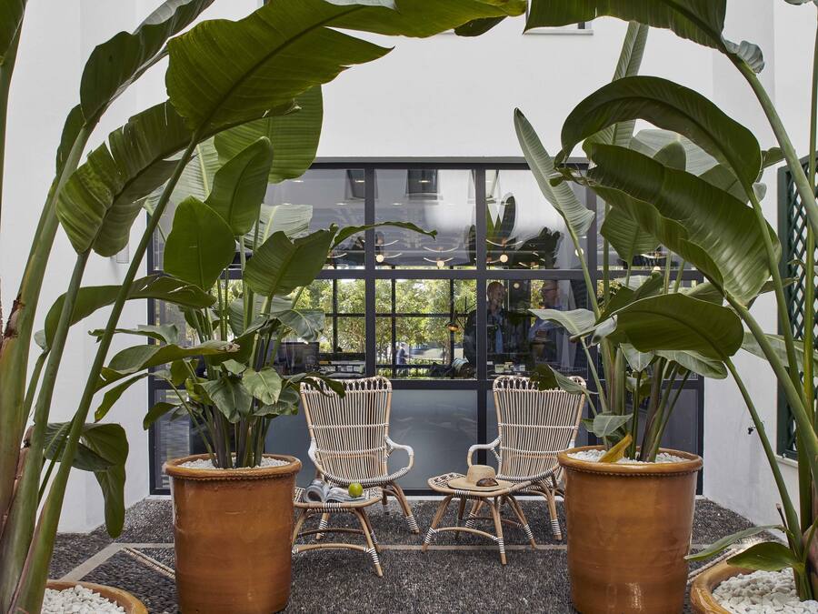 Un balcón con plantas en macetas, sillas de mimbre y una fuente decorativa.