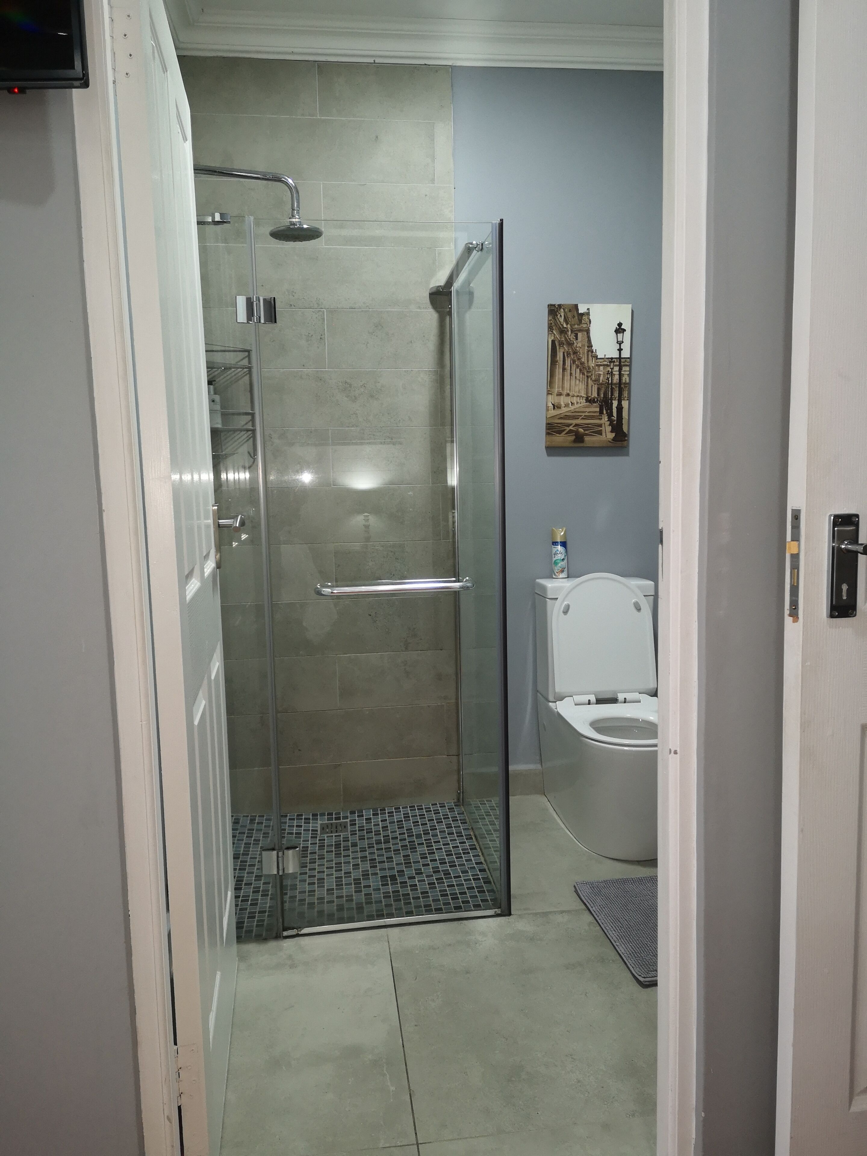 A modern bathroom with a glass shower enclosure, a toilet, and a small shelf with toiletries.