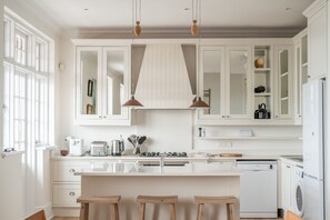 Deluxe penthouse | Privékeuken | Een koelkast, een microgolfoven, een oven, een kookplaat