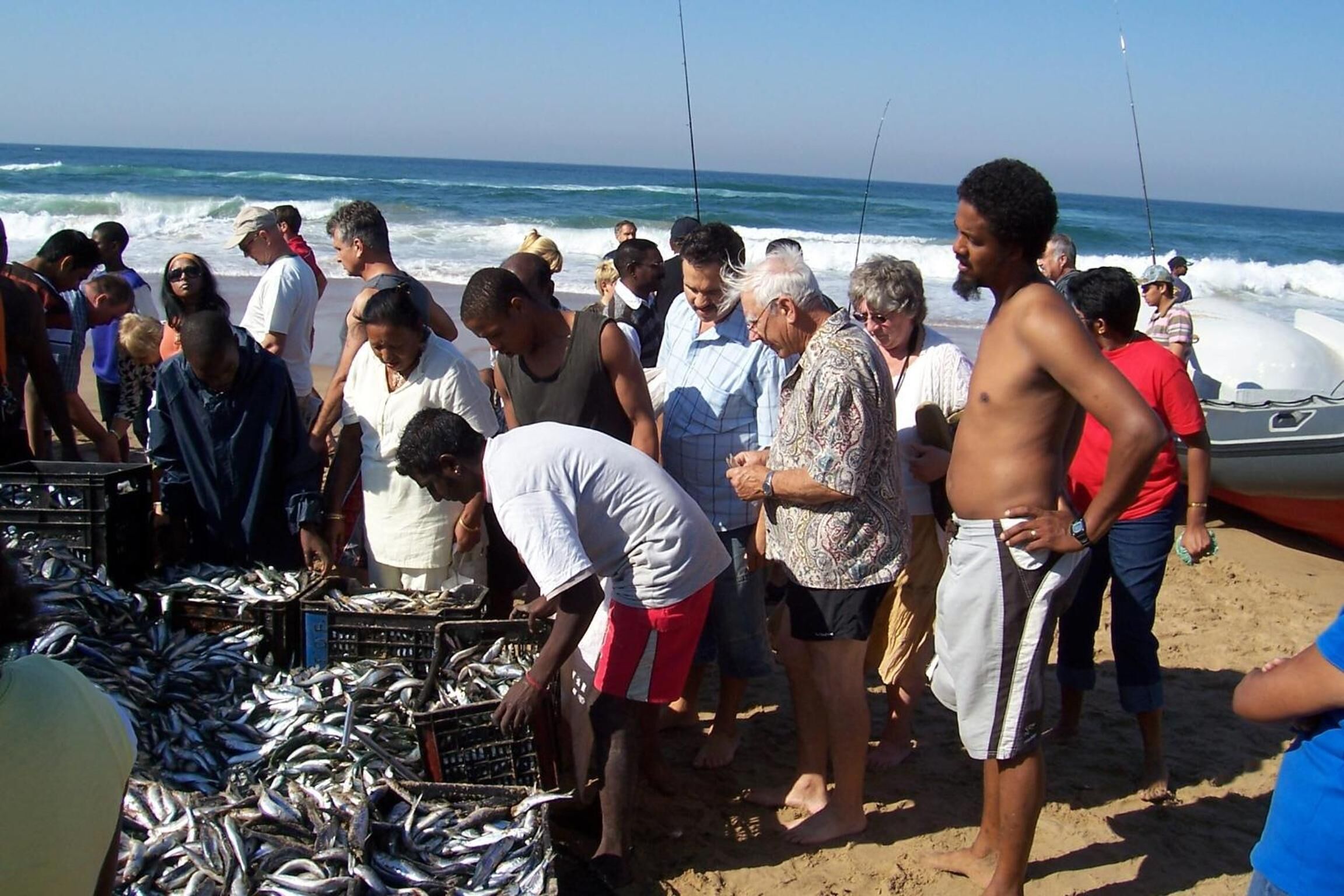 Un gruppo di persone in un mercato sulla spiaggia, con pesci esposti in casse.