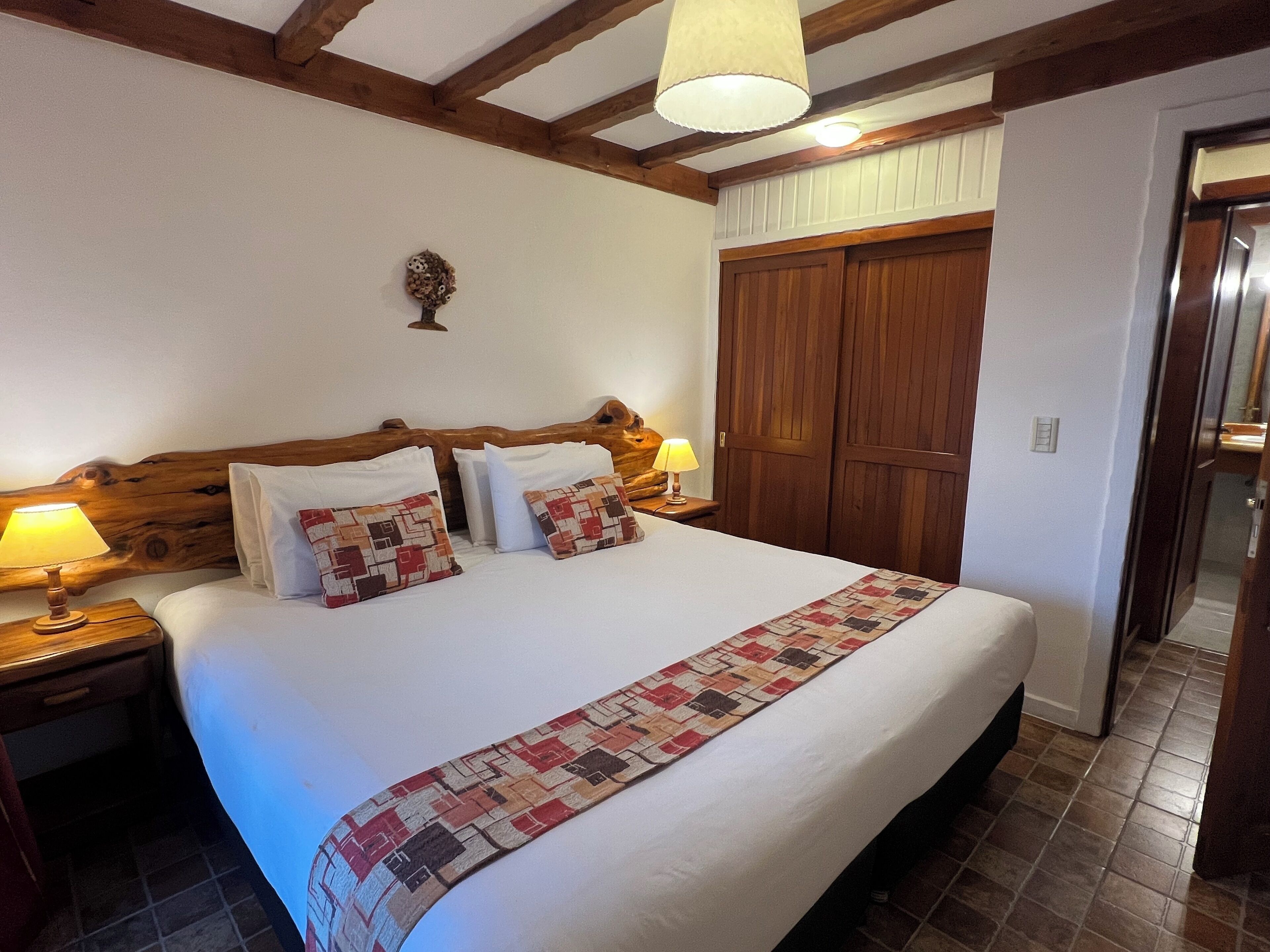 Een slaapkamer met een groot bed, een houten hoofdbord, twee bedlampen en een sprei.