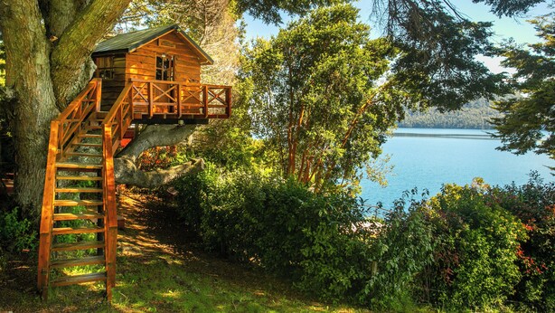 A wooden cabin with a staircase leading to a deck, surrounded by lush greenery and overlooking a lake.