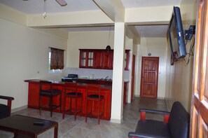 Departamento de lujo, 1 cama Queen size, vista al océano, frente al mar | Área de sala de estar | Televisión de pantalla plana 