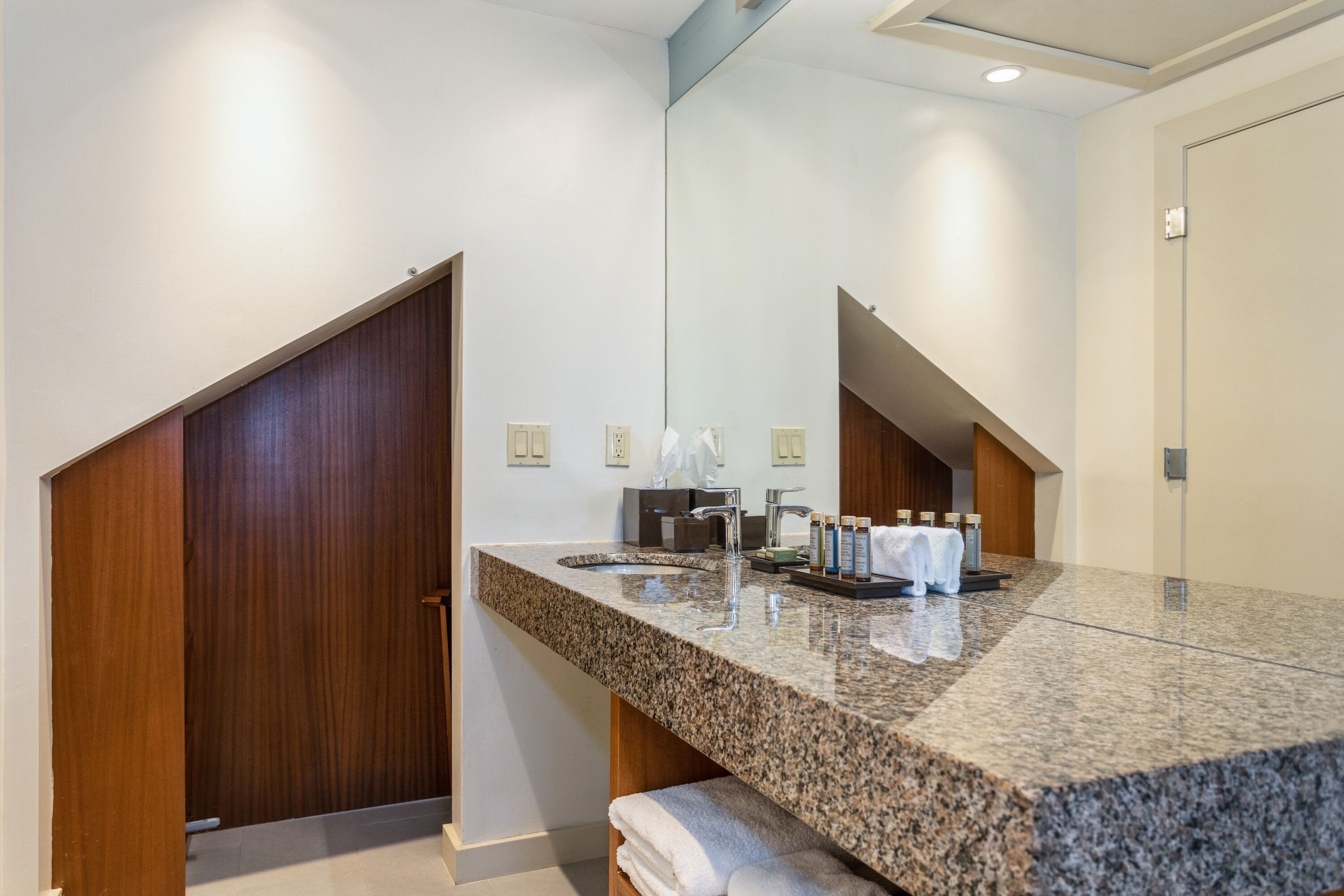 A modern bathroom with a granite countertop, a large mirror, and a wooden door.