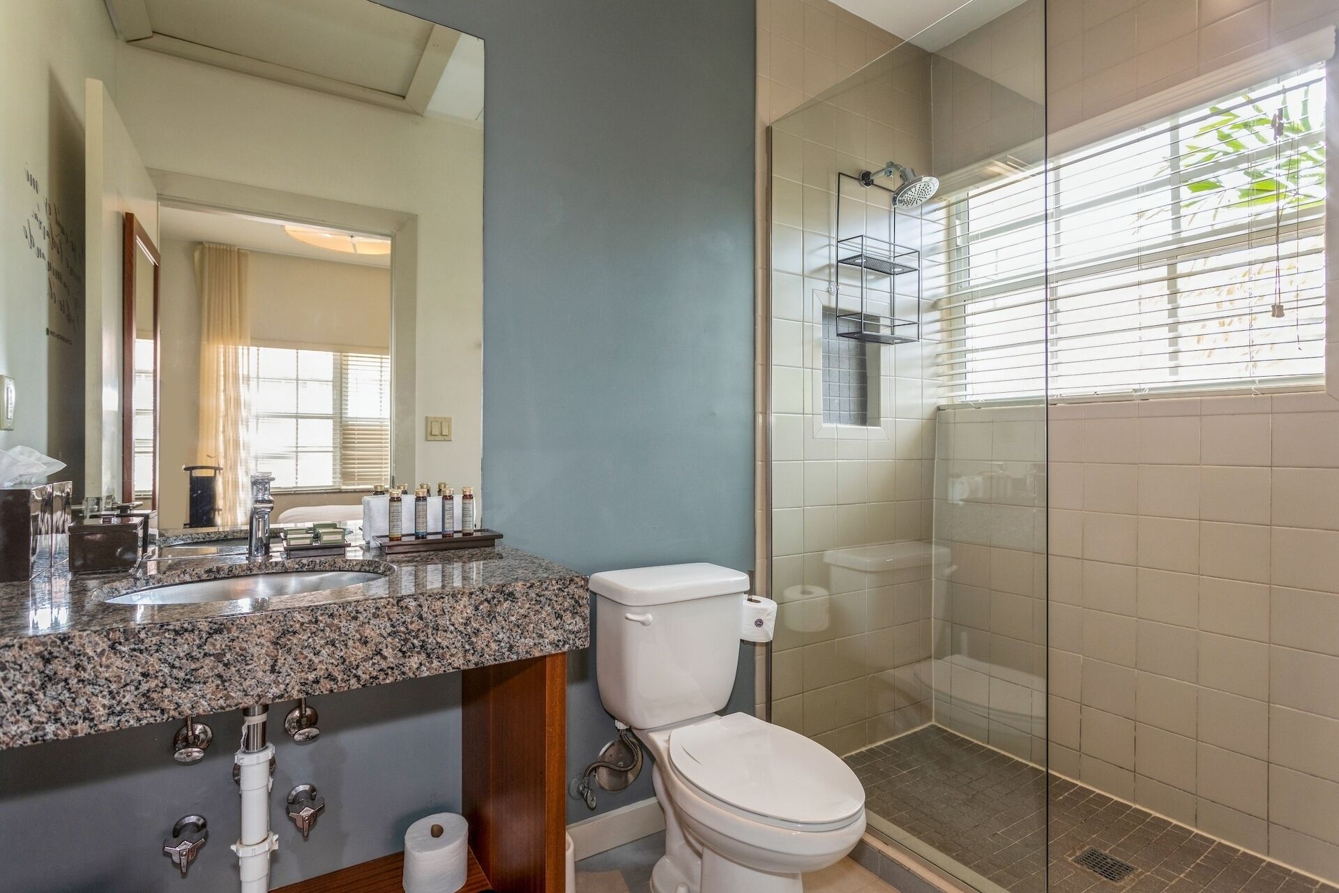 A bathroom with a granite countertop, a toilet, a glass shower enclosure, and a large mirror.