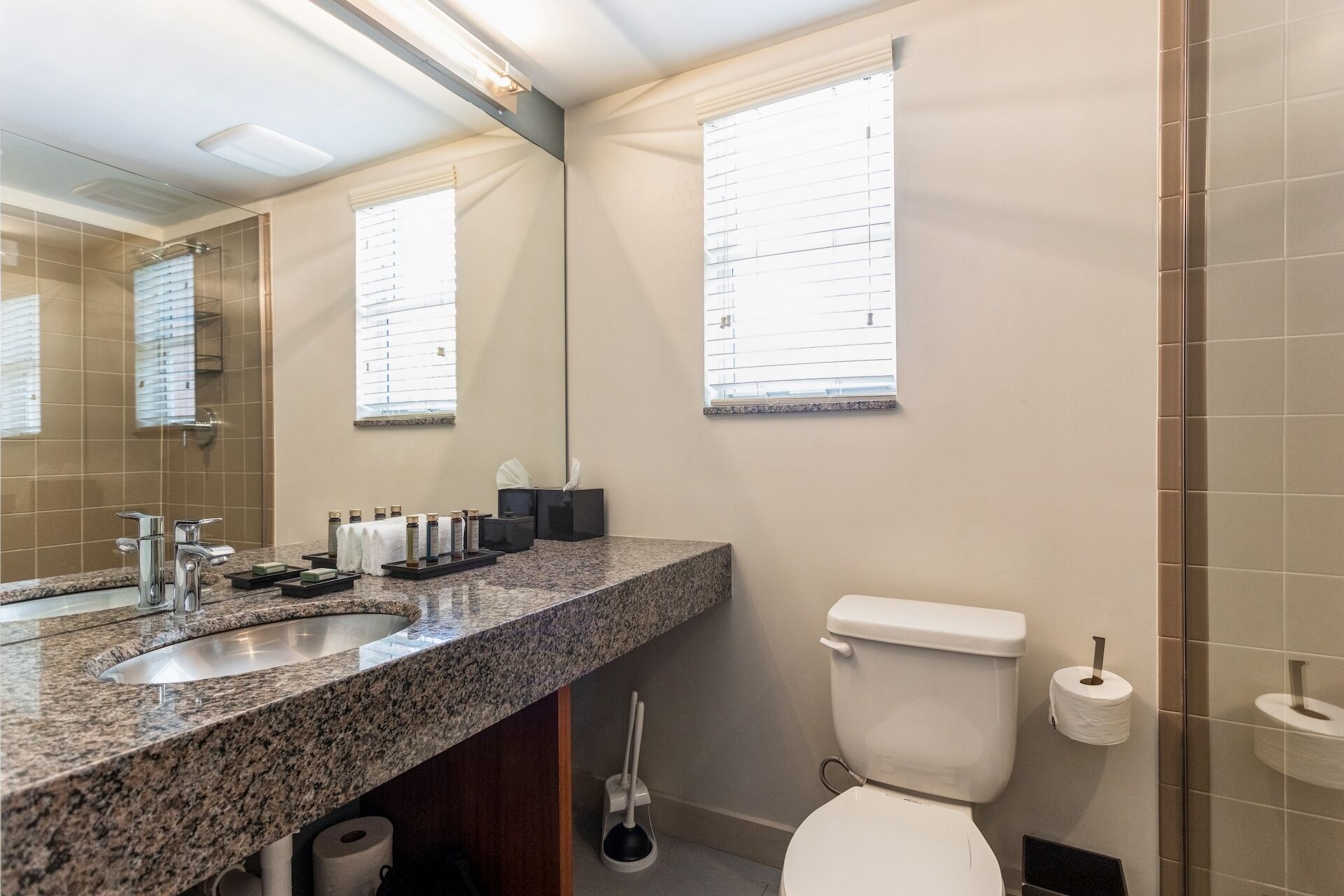 A bathroom with a granite countertop, a sink, a toilet, and a shower area.