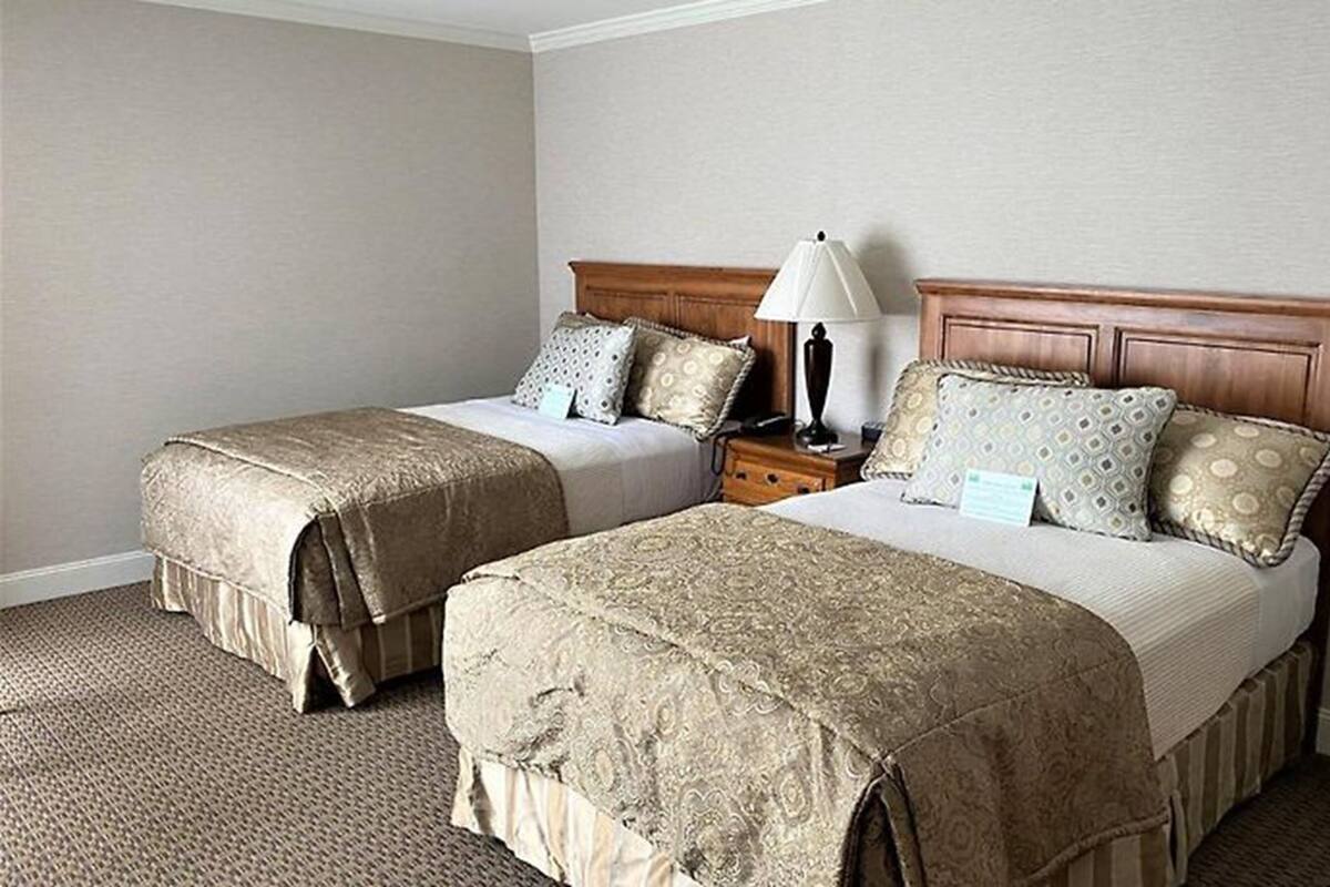 Two single beds with matching headboards and footboards, a bedside table with a lamp, and a small nightstand with a phone.