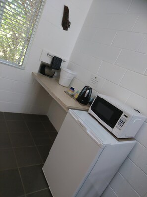 Fridge, microwave, coffee/tea maker, electric kettle