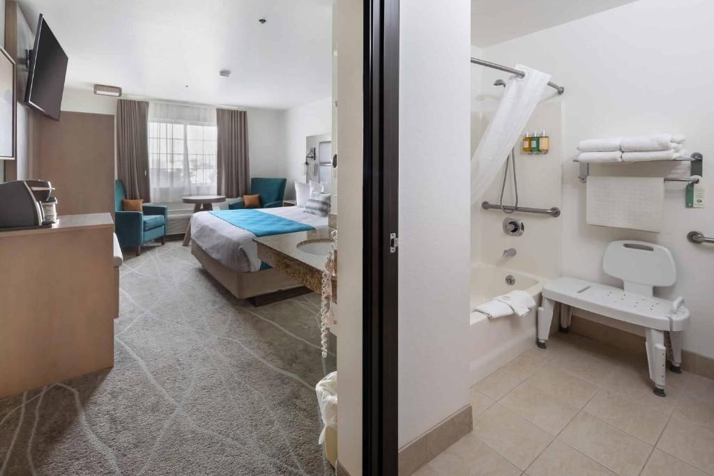 A hotel room with a bed, a desk, a TV, and a bathroom with a shower, toilet, and bench.