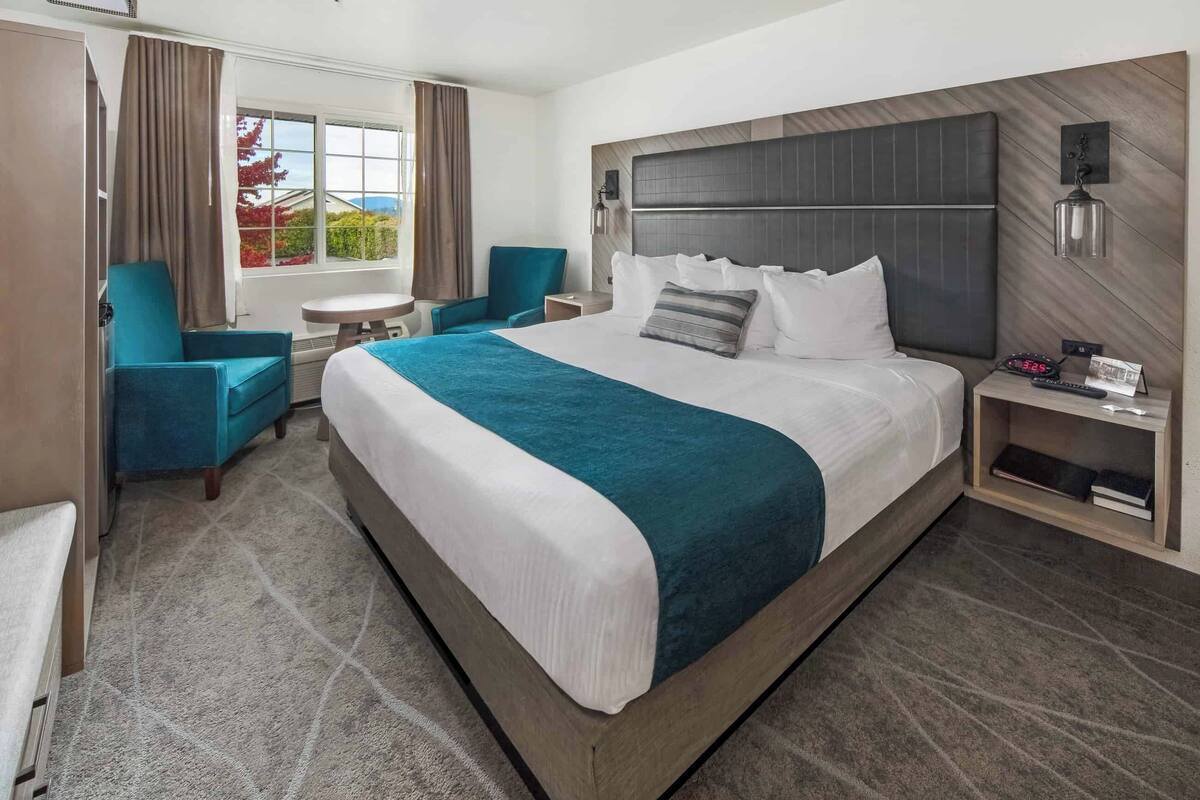 A hotel room with a large bed, a desk, a chair, and a window with curtains.