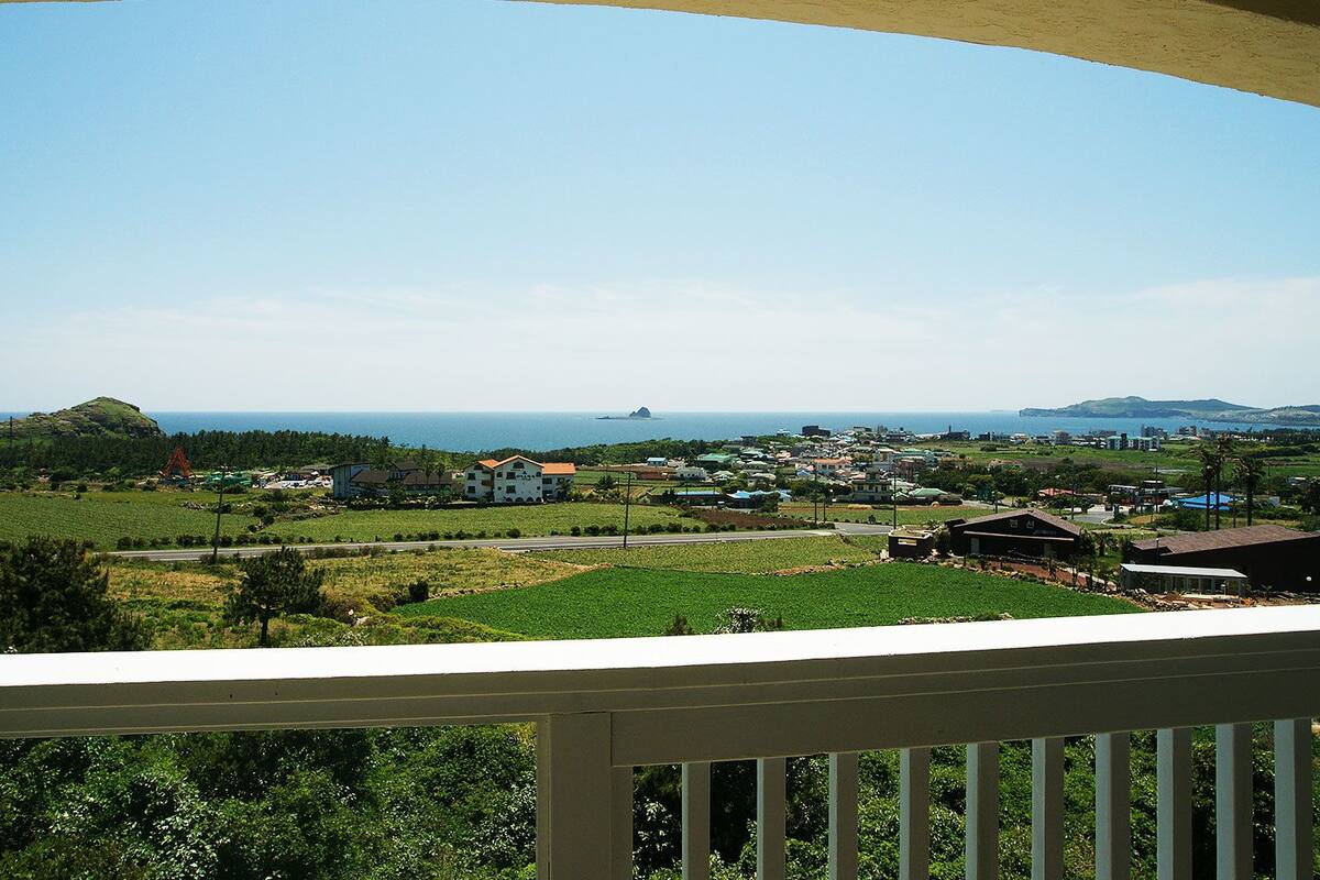 Une ville côtière offrant une vue sur la mer et les collines.