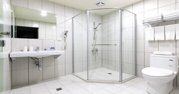 Shower, free toiletries, hair dryer, slippers