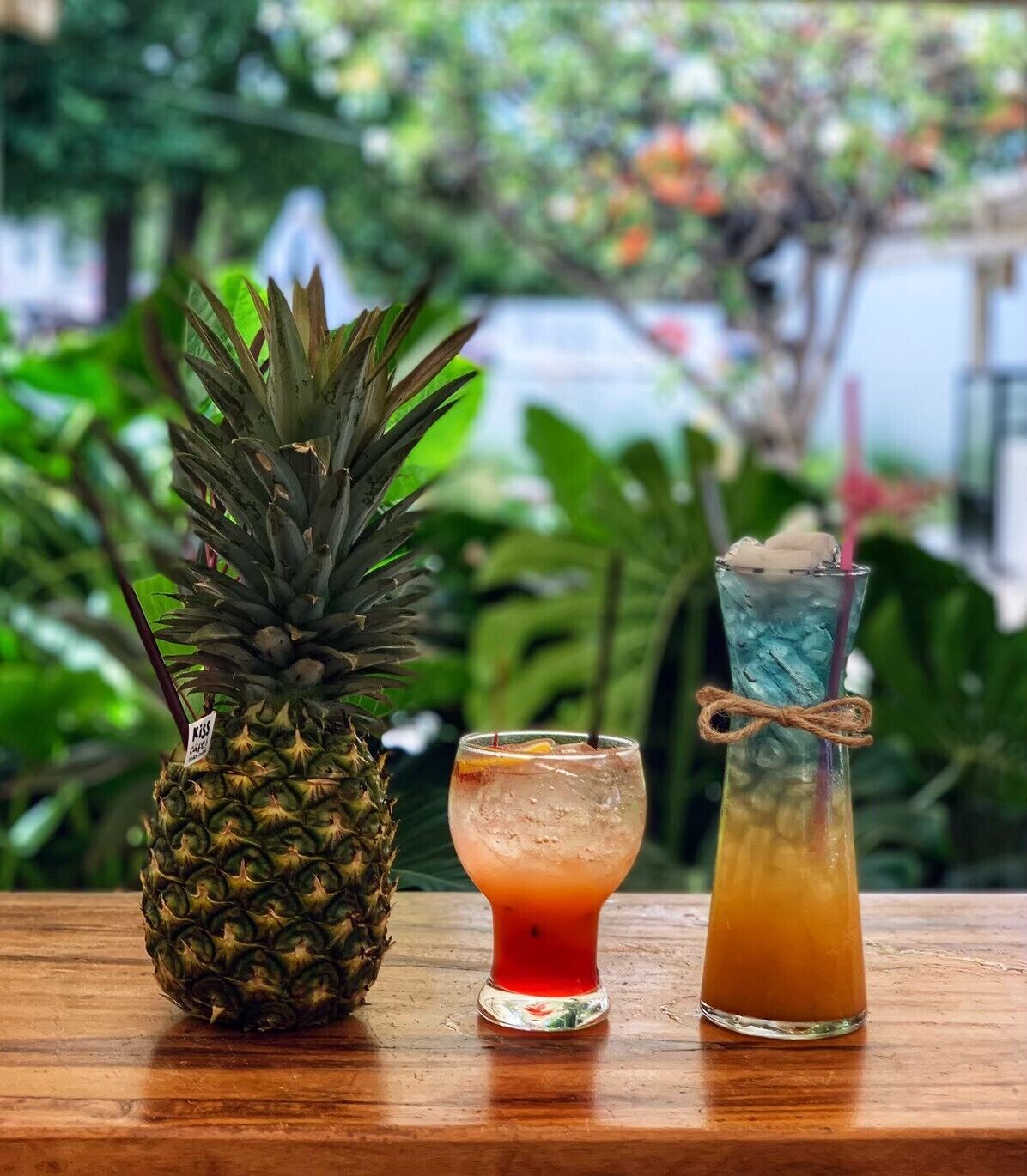 A pineapple, a glass of red drink, and a glass of blue drink on a wooden table with a blurred outdoor background.