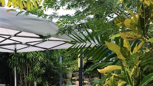 An outdoor seating area with a covered patio, surrounded by lush greenery and various plants.