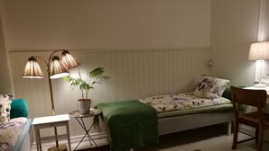 A small, cozy bedroom with a single bed, a bedside table, a lamp, a chair, and a potted plant. - Explorers Club (Lund)