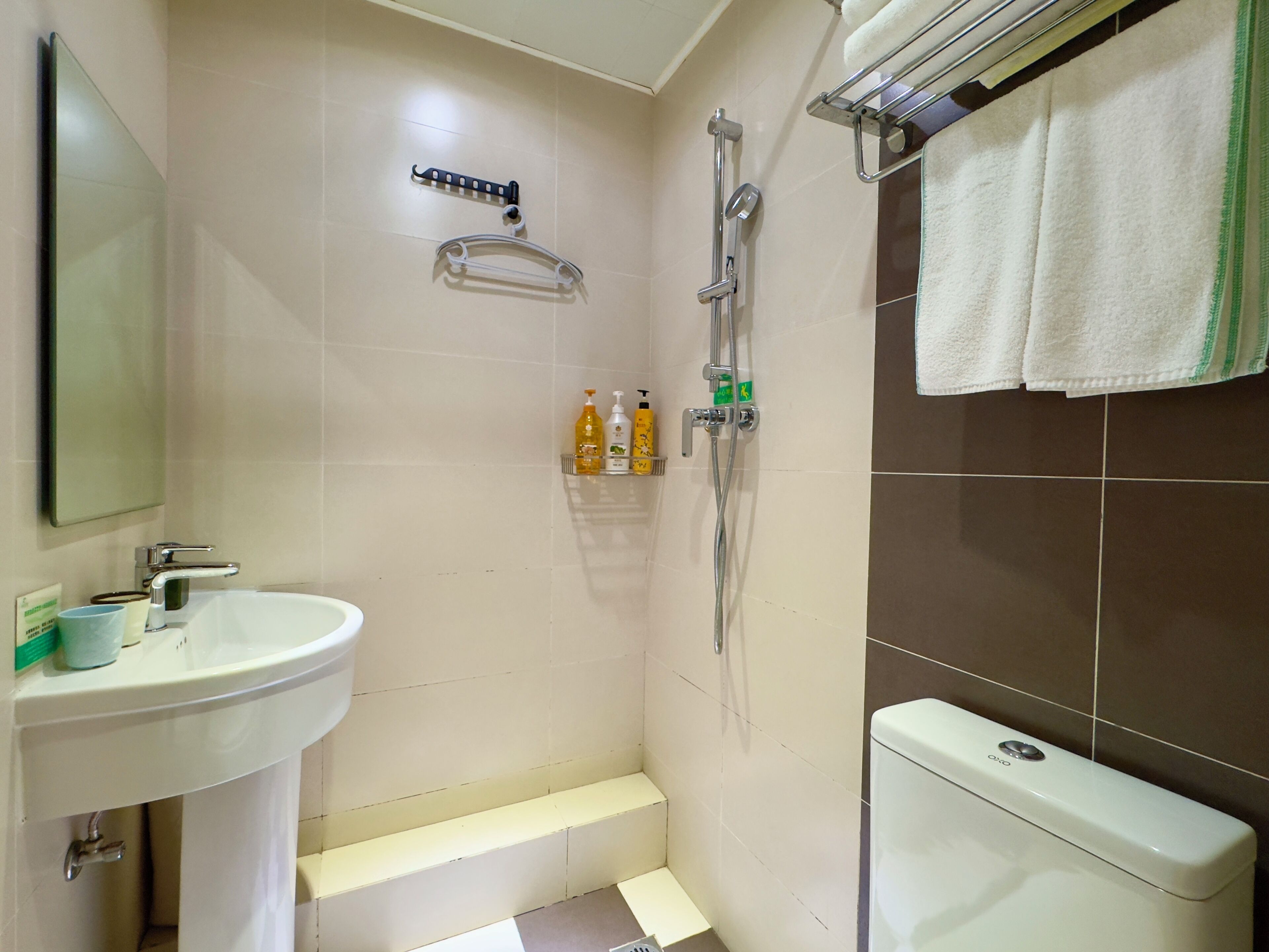 Une salle de bain équipée d’un lavabo, d’un miroir, d’une douche et de toilettes.