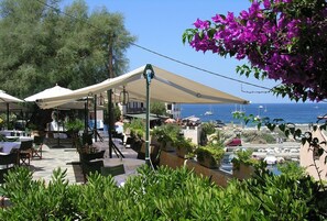 Serveert lunch, diner, visgerechten, uitzicht op de zee 