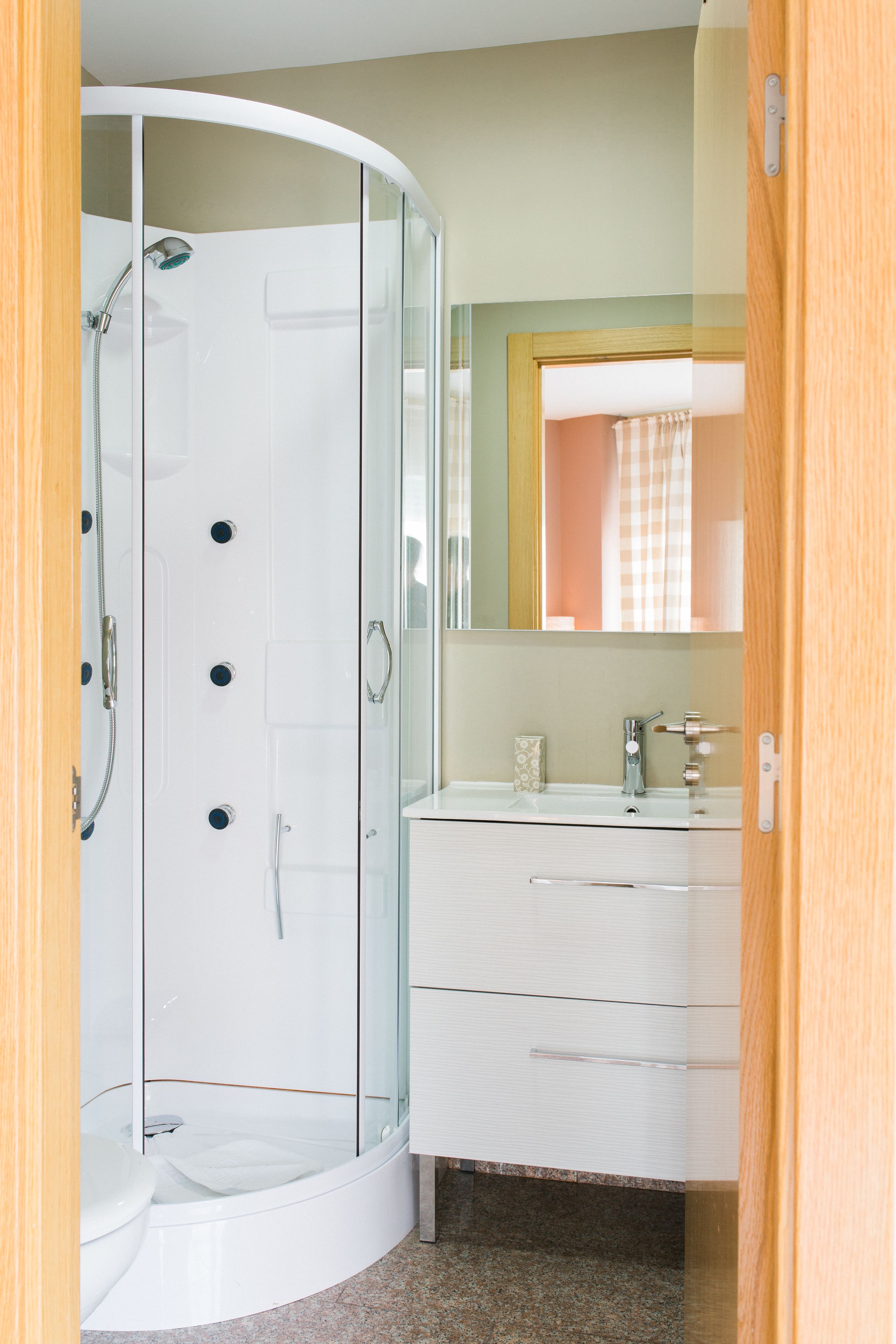 Shower, towels, toilet paper