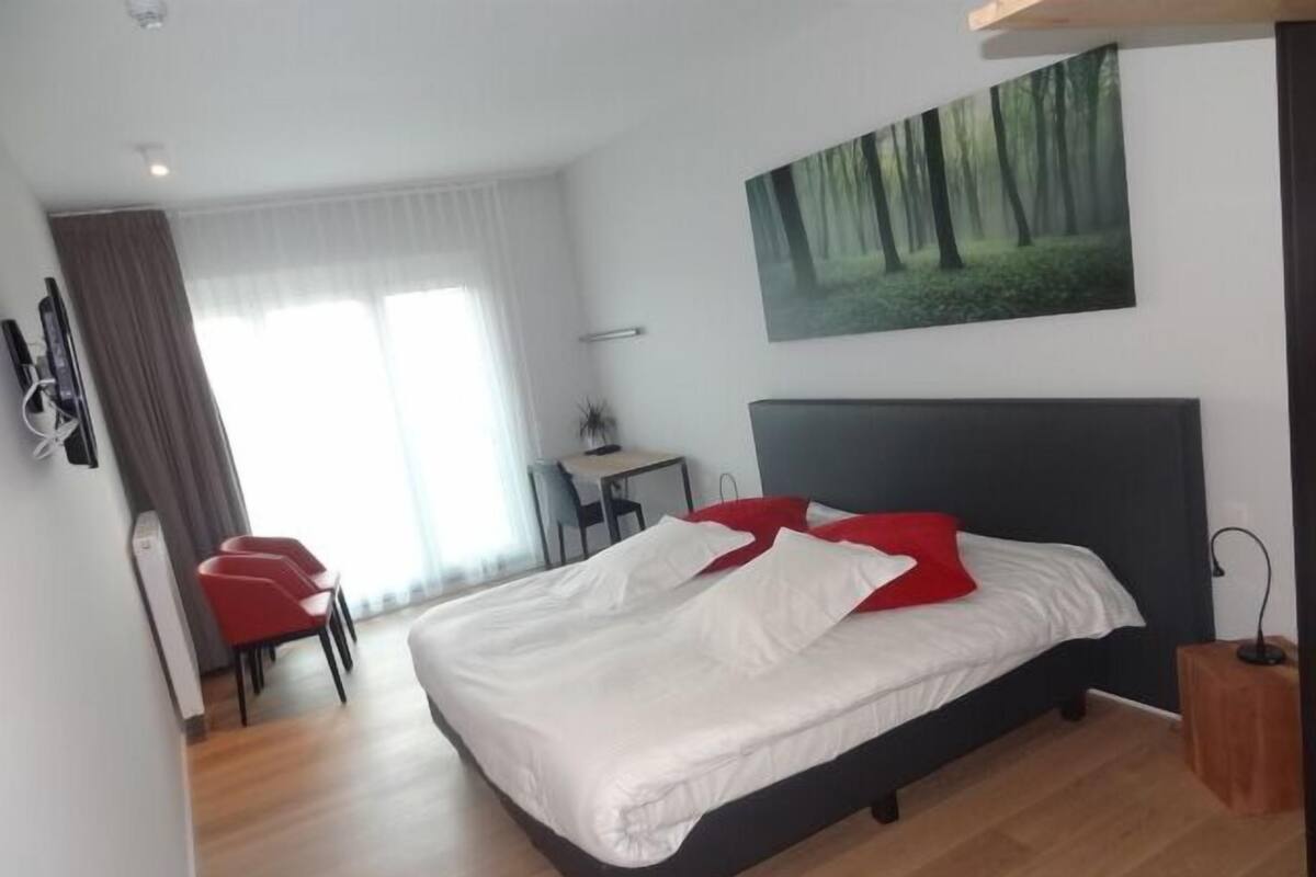 Een moderne hotelkamer met een groot bed, een bureau en een stoel.