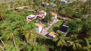 An aerial view of a resort with multiple buildings surrounded by palm trees, a pool, and a view of the ocean. - 21 Palms (Las Galeras)
